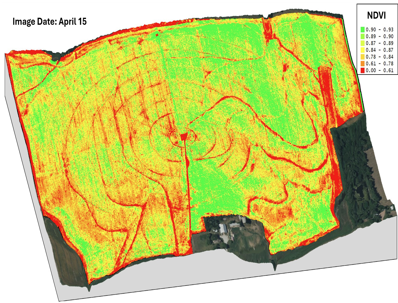 Drone imagery collected from wheat on-farm field at early, mid, and late seasons to monitor wheat growth at Flickner Innovation Farm was overlaid on a topographic map to understand spatial variability in crop growth across different landscape positions.