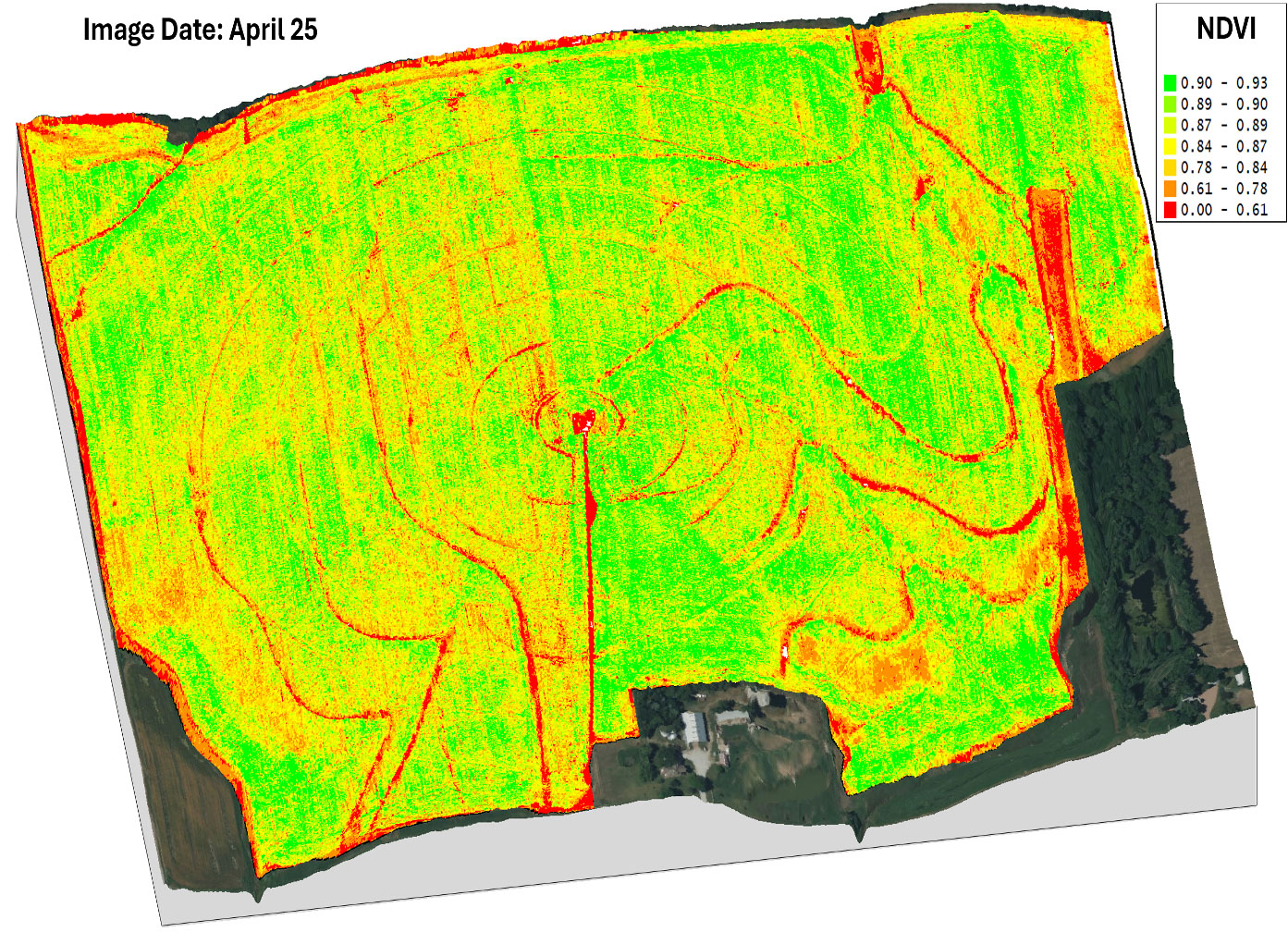 Drone imagery collected from wheat on-farm field at early, mid, and late seasons to monitor wheat growth at Flickner Innovation Farm was overlaid on a topographic map to understand spatial variability in crop growth across different landscape positions.
