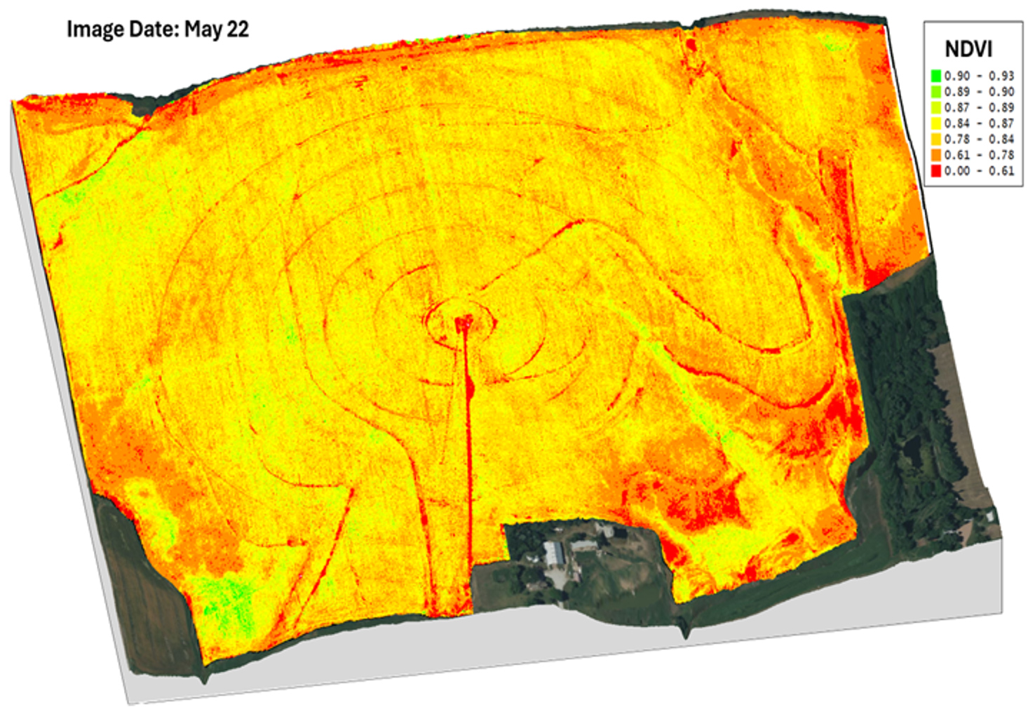 Drone imagery collected from wheat on-farm field at early, mid, and late seasons to monitor wheat growth at Flickner Innovation Farm was overlaid on a topographic map to understand spatial variability in crop growth across different landscape positions.