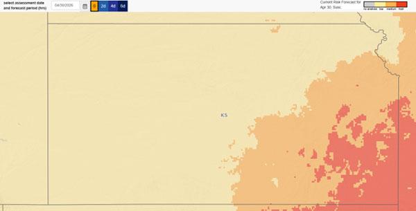 Map of Kansas showing head scab risk