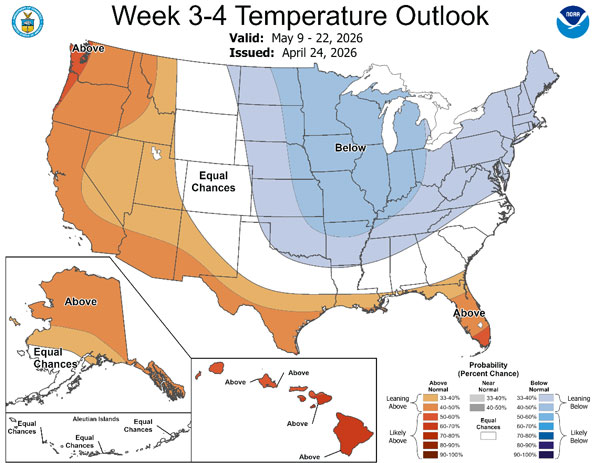 Map of US showing long-term temperature outlook