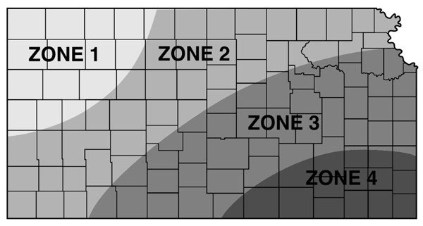 Map of Kansas and the different planting date zones.