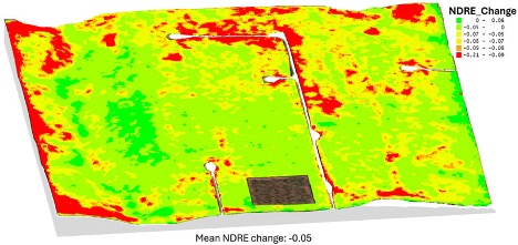 Figure 2. Map showing the NDRE change between March 25 and May 3, 2026. Negative NDRE changes indicate reductions in wheat canopy vigor over time. Red areas represent larger declines in NDRE values, while green areas indicate relatively smaller changes or more stable crop conditions. The overall mean NDRE change across the field was -0.05. Map image from Deepak Joshi, K-State Extension.