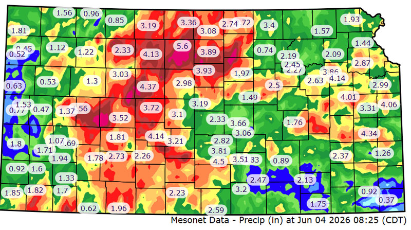 Map of Kansas showing the 7 day total rainfall in the state