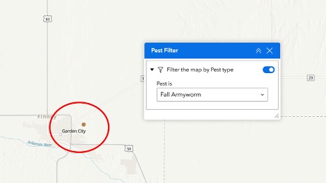 Figure 3. Colored dots will appear on the map for the selected pest.