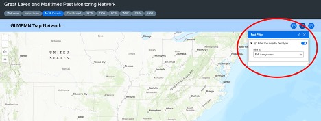 Figure 2. In the upper right region of the map, select the pest filter icon and choose “Fall Armyworm”.