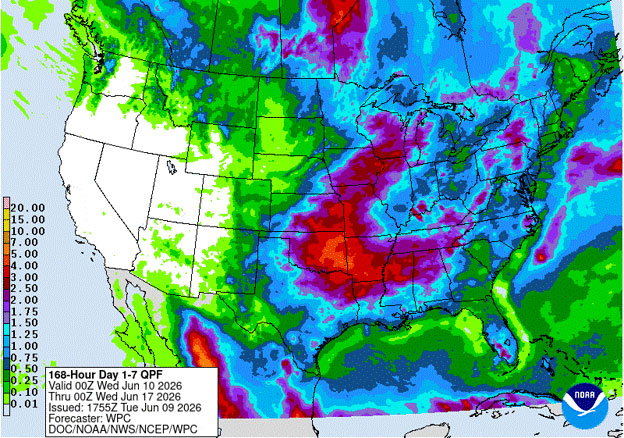 Map of US showing short term precipitation forecast