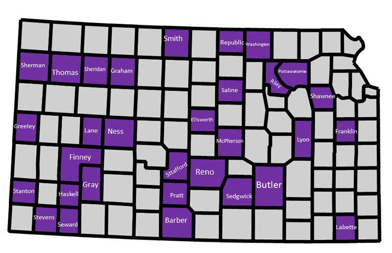 map of counties with in-season monitoring traps