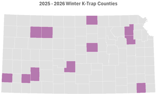 Map of Kansas with winter leafhopper traps.