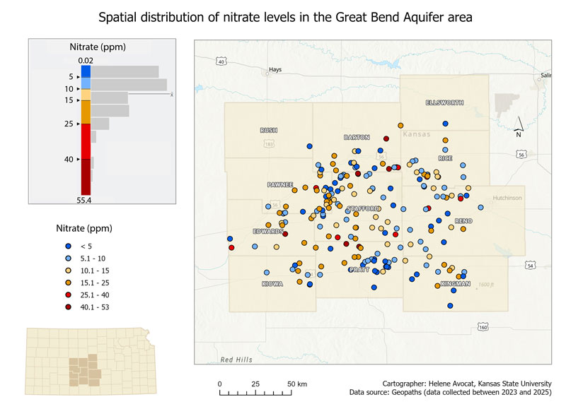 map of Kansas and surrounding states showing location of wells tested for nitrate