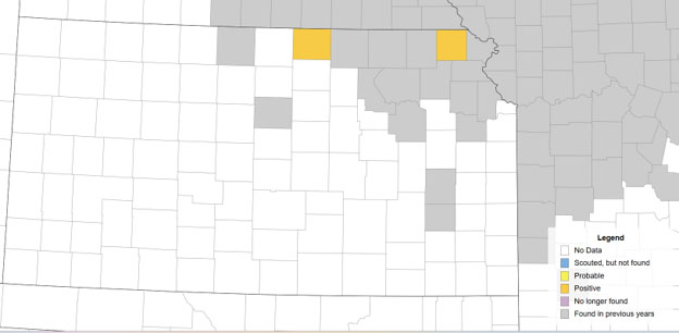 map of ks with tar spot counties highlighted
