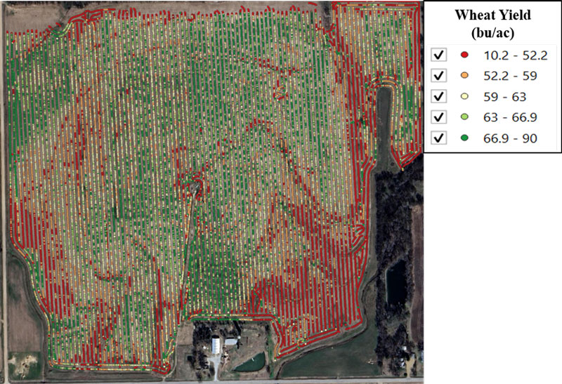 multicolored aerial image of a yield map