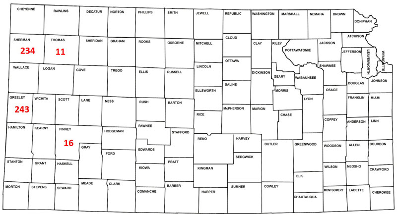 Map of KS with trap counts for 4 western counties