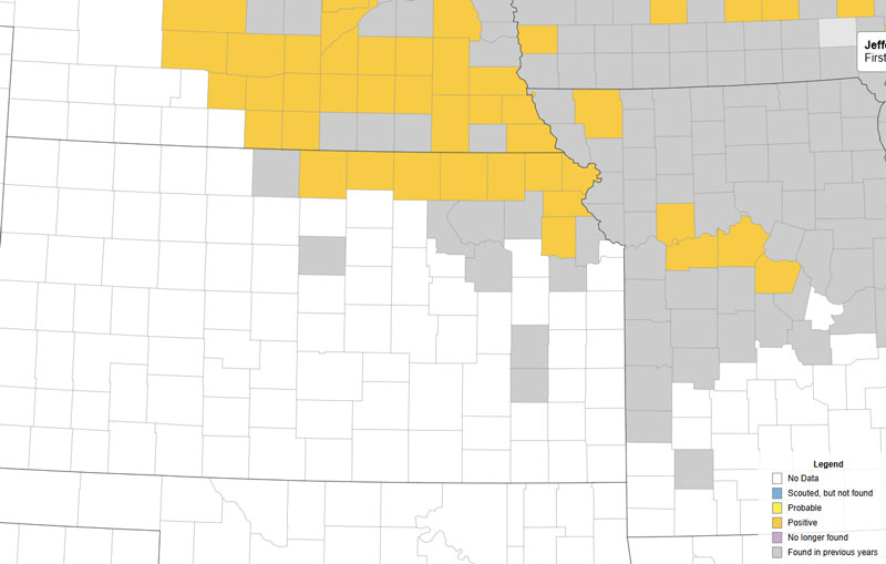 map showing counties with tar spot