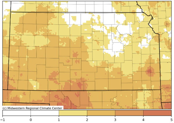 map of kansas with orange gradients of temperatures