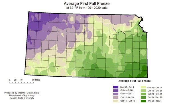 climate zones showing first fall freeze for Kansas