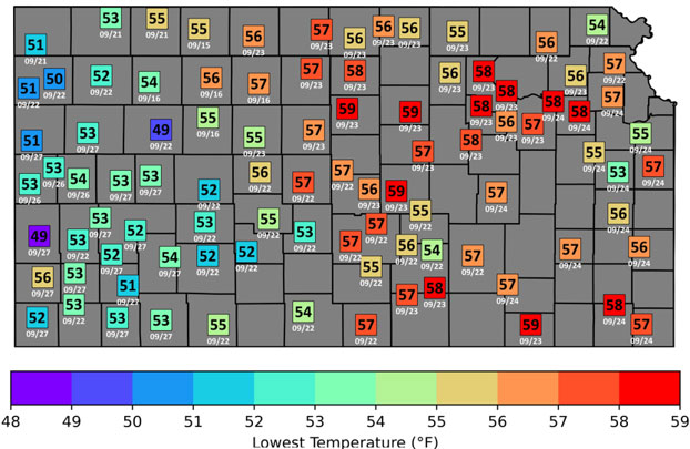 map of Kansas with temps for each county