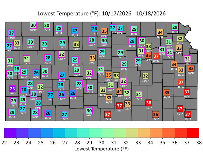 Map of Kansas counties and low temps