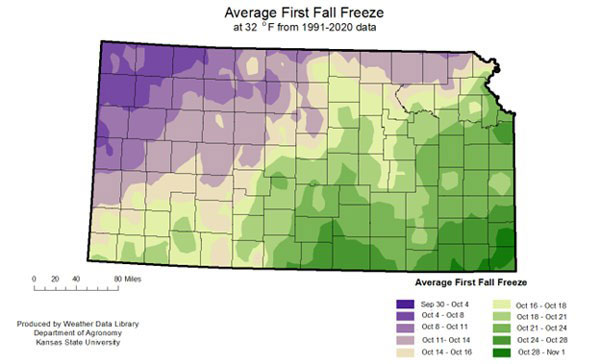 Map of Kansas and average first freeze date