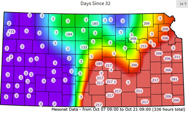 colorful map of kansas counties with days since last freeze