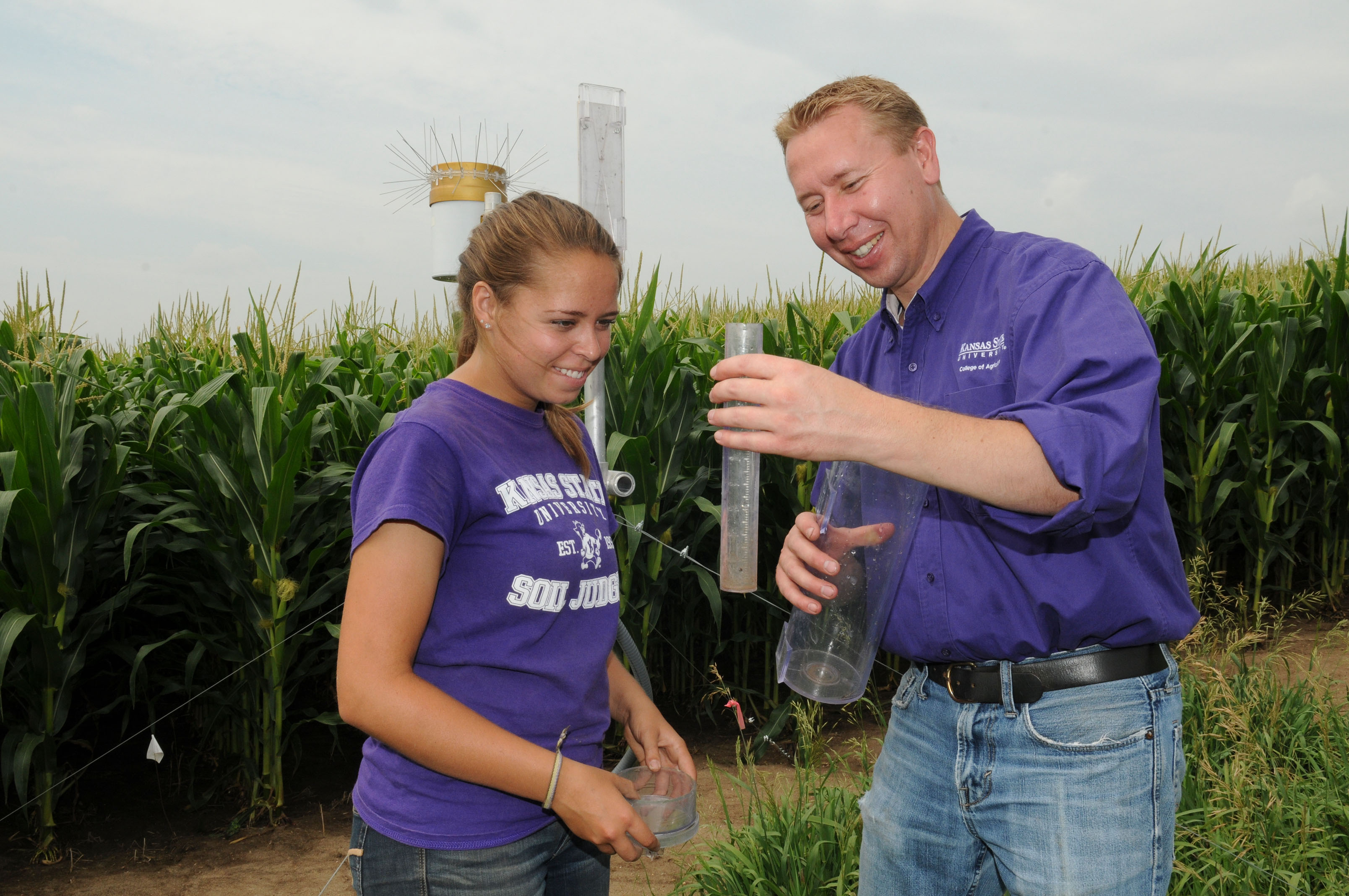 Student gathering samples in corn field