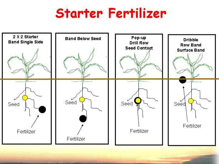 Diagram showing 4 options for applying fertilizer in comparison to seed location